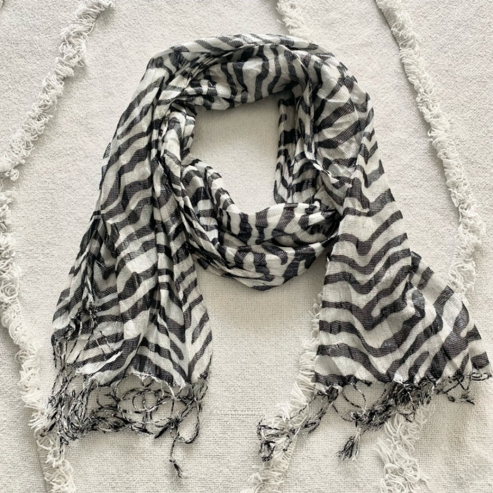 Justice Black & White Metallic Zebra Print Fringe Scarf